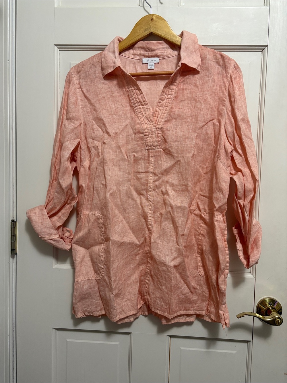 J.Jill Love Linen Coral Pullover Collar V-Neck Tunic Blouse Pockets *flaw